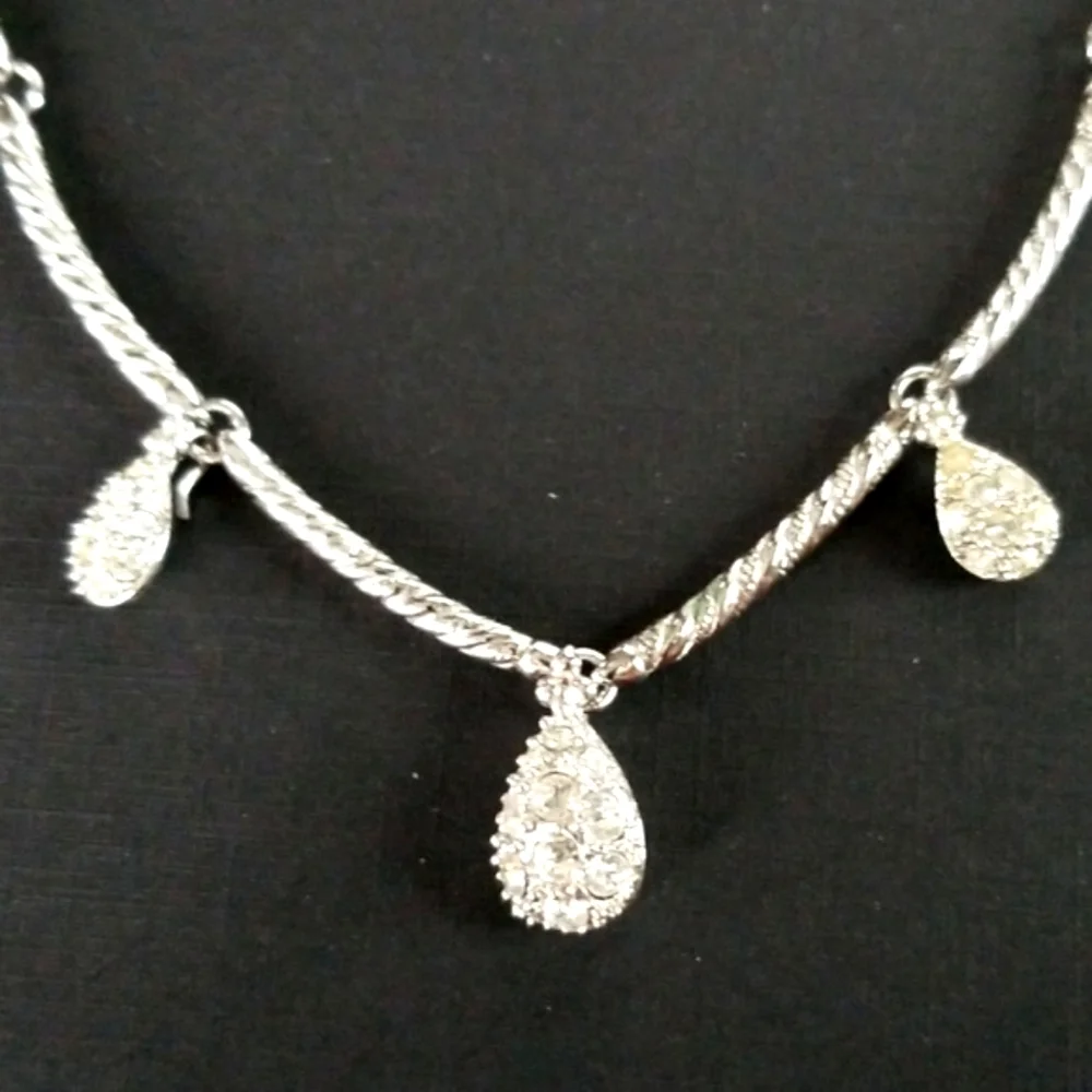 Vintage NOLAN MILLER Raindrop Pave' Rhinestone Silver Plated Necklace EUC